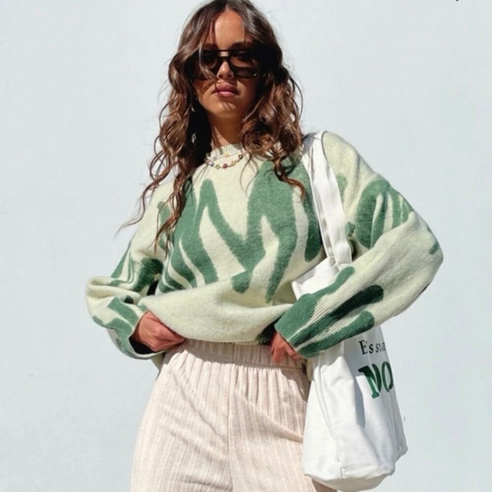 Princess Polly Abstract Green Oversized Sweater Crewneck Women’s Size XS/S